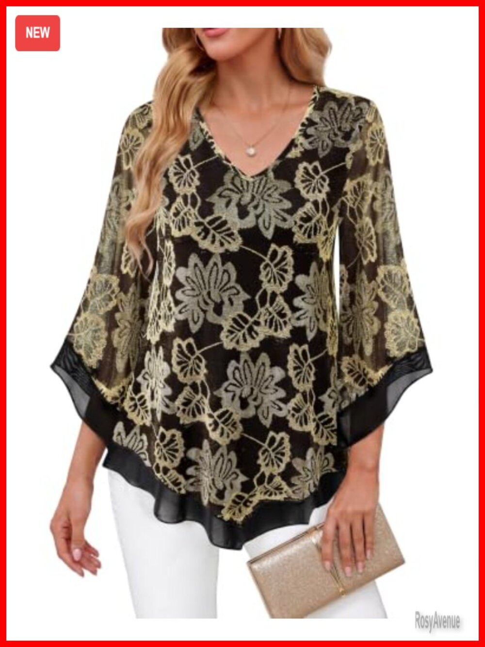 Womens Dressy Mesh Blouse Ruffle 3/4 Flared Sleeve Tunic Top